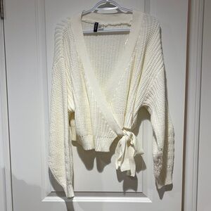 Cream Wrap Knit Sweater with Tie Closure